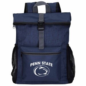 navy backpack with fold over top, white Penn State over Athletic Logo